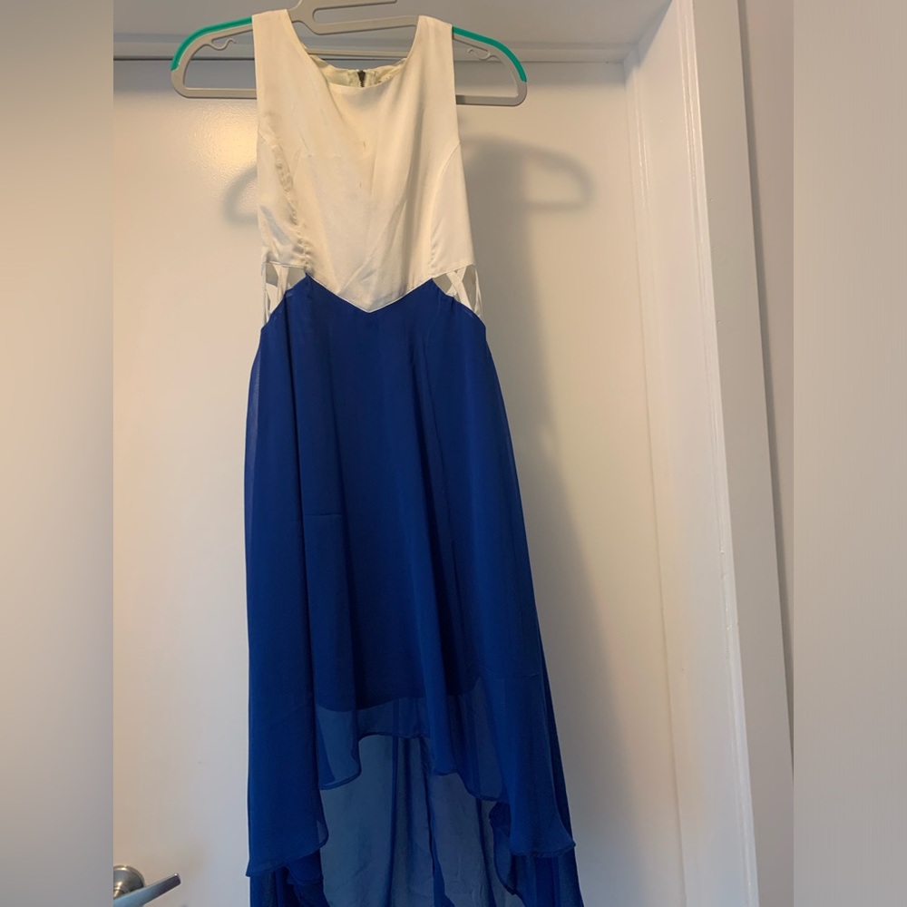 Blue and white high-low cutout dress